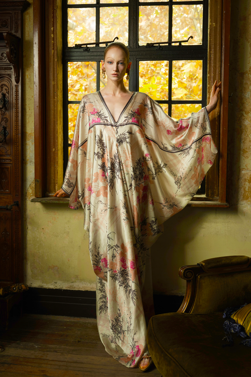 Rose Print Satin Kaftan Dress