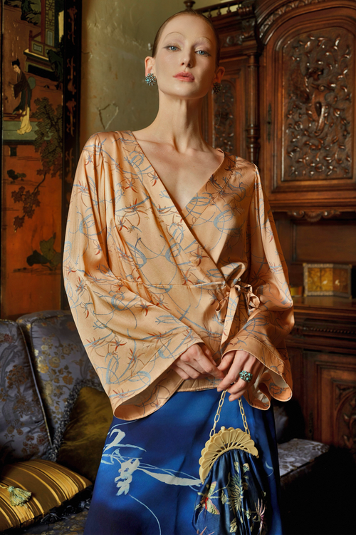 Peach Floral Silk Wrap Top
