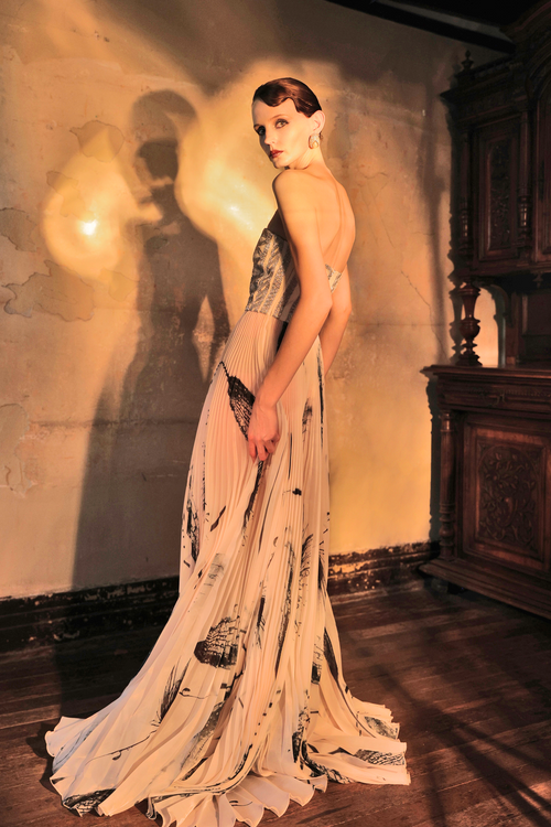 Ink Print Pleated Strapless Gown