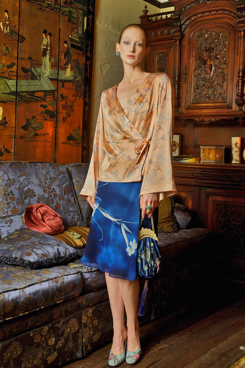 Cobalt Blue Floral Bias-Cut Skirt