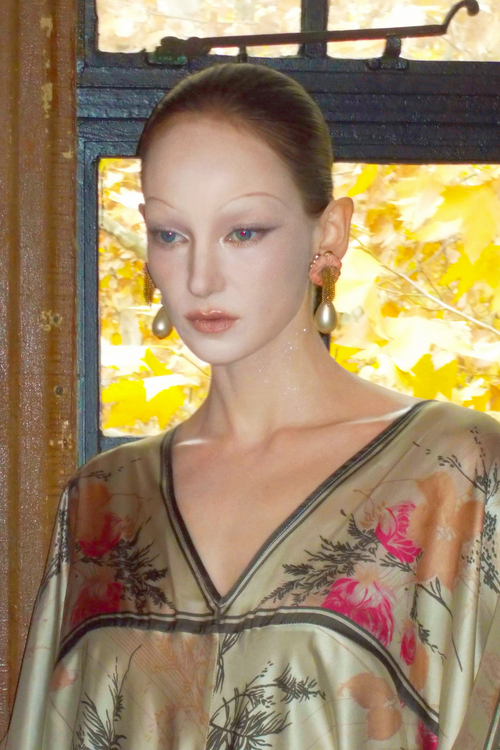 Rose Print Satin Kaftan Dress