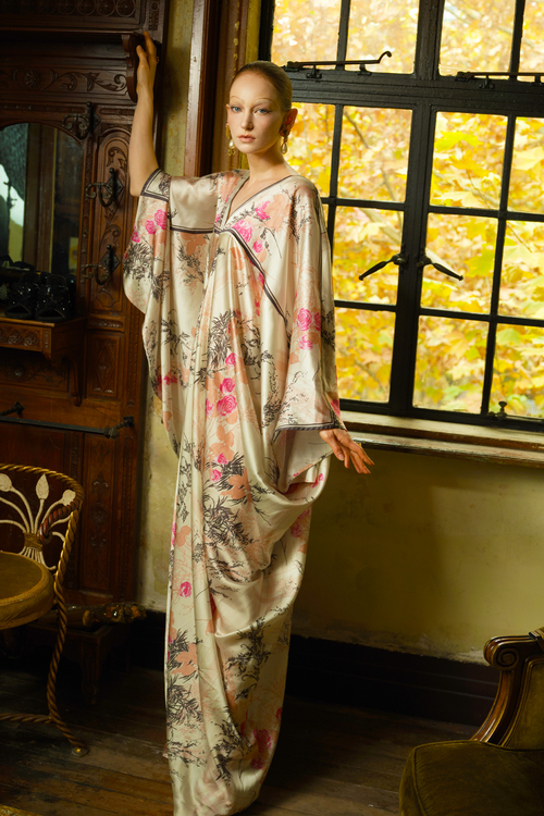 Rose Print Satin Kaftan Dress
