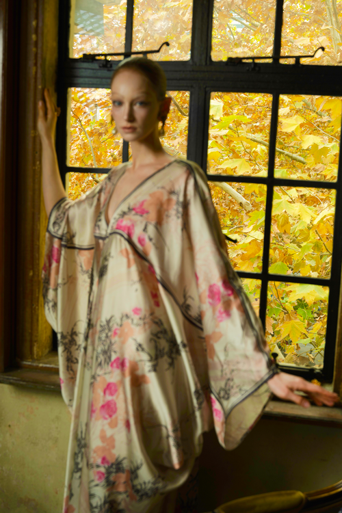 Rose Print Satin Kaftan Dress