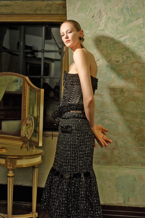 Black Tweed Fringe Midi Skirt