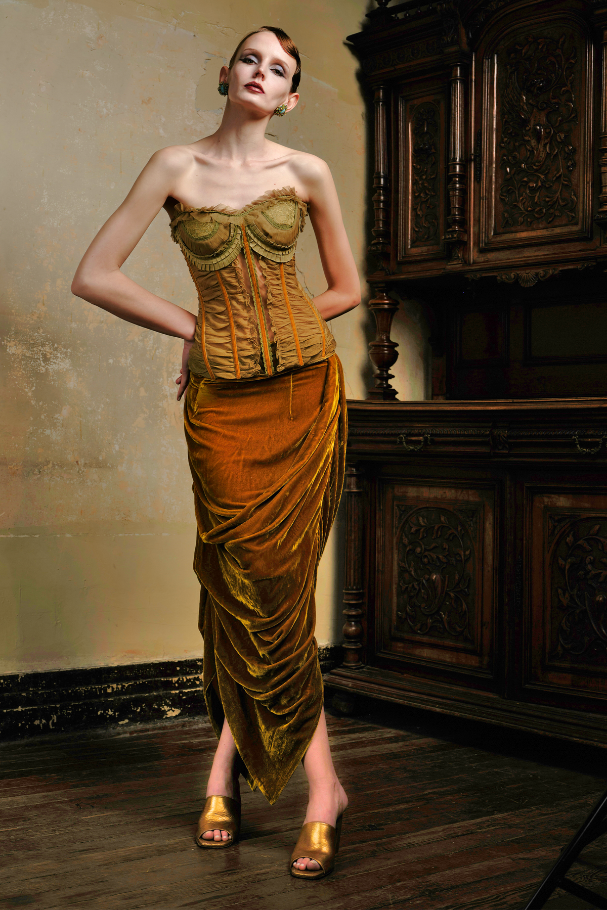 Gold Silk Velvet Draped Maxi Skirt