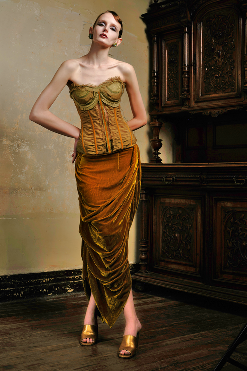 Gold Silk Velvet Draped Maxi Skirt