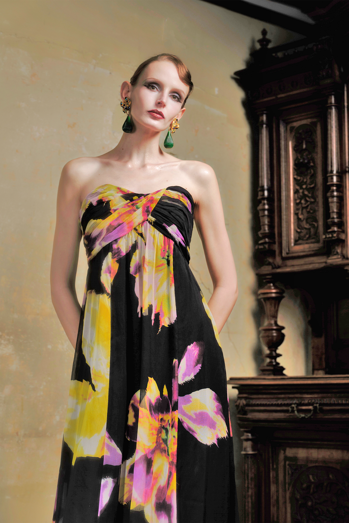 Black Orchid Print Silk Strapless Maxi Dress