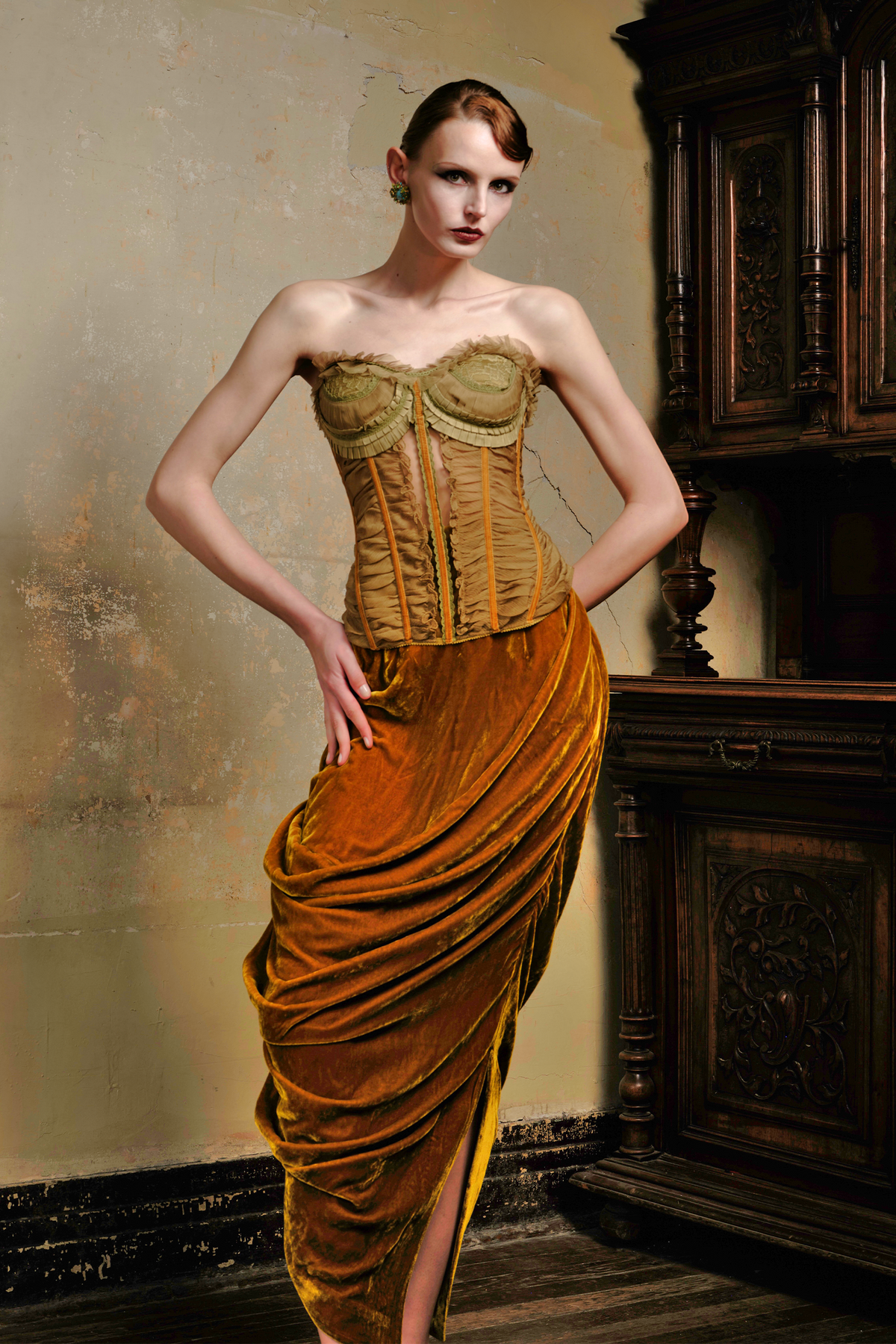 Gold Silk Velvet Draped Maxi Skirt
