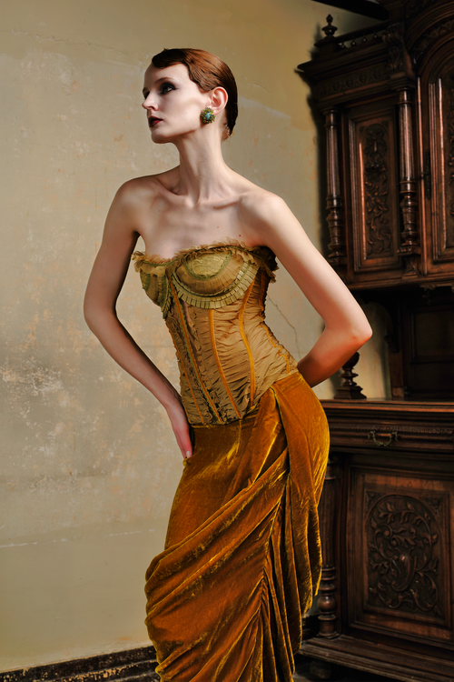 Gold Silk Velvet Draped Maxi Skirt