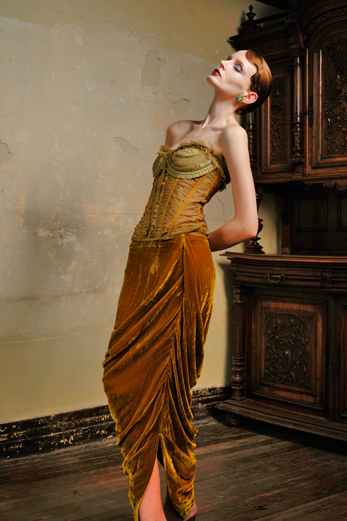 Gold Silk Velvet Draped Maxi Skirt