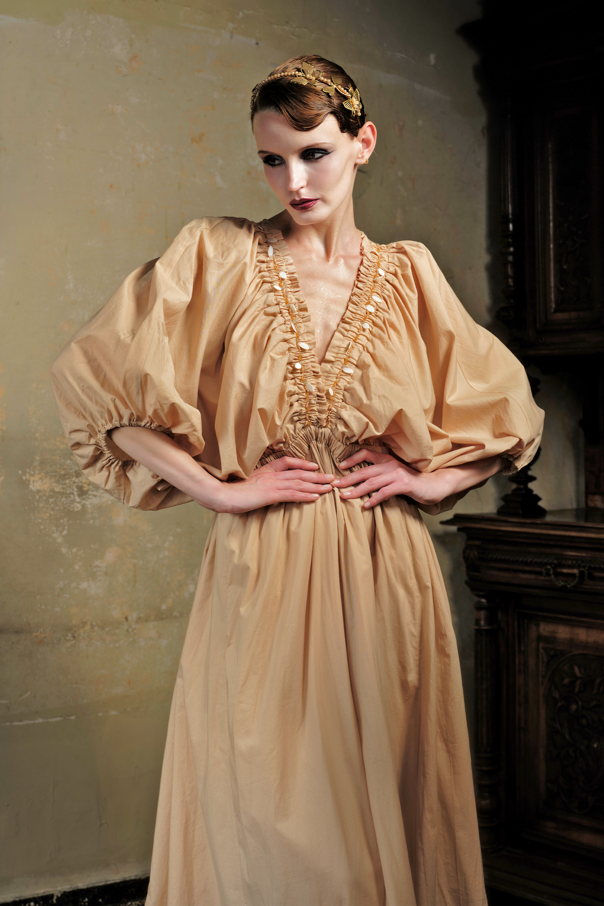 Almond Puff Sleeve Cotton Maxi Dress