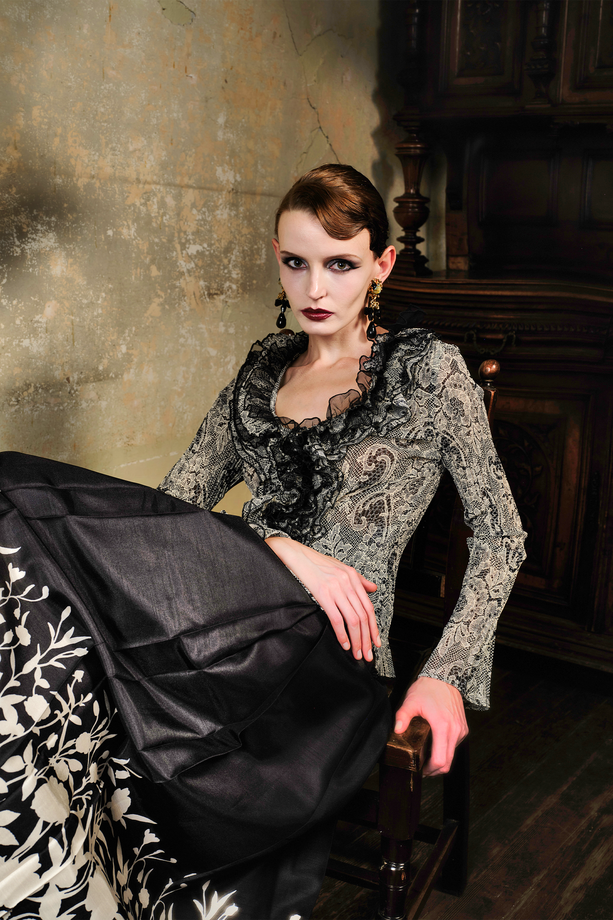 Black Lace Ruffle Blouse