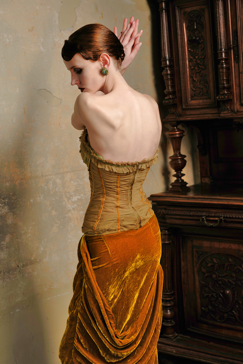 Gold Silk Velvet Draped Maxi Skirt