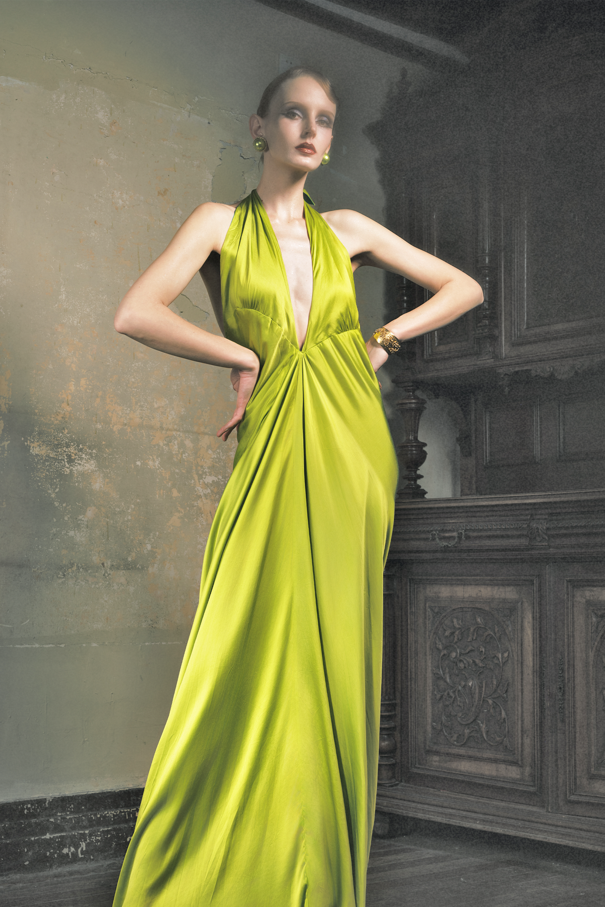 Moss Green Pleated Silk Bias-Cut Dress