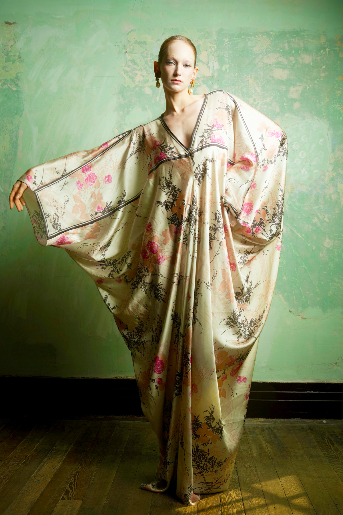 Rose Print Satin Kaftan Dress