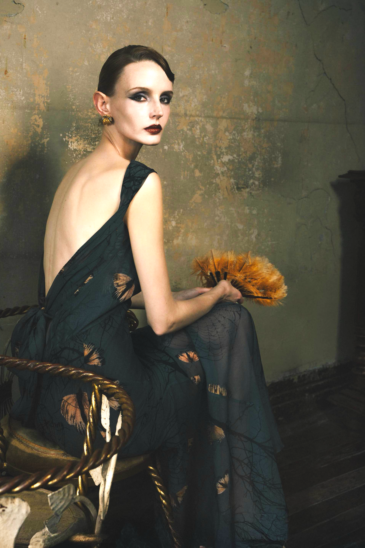 Grey Butterfly Print Bias-Cut Silk Dress