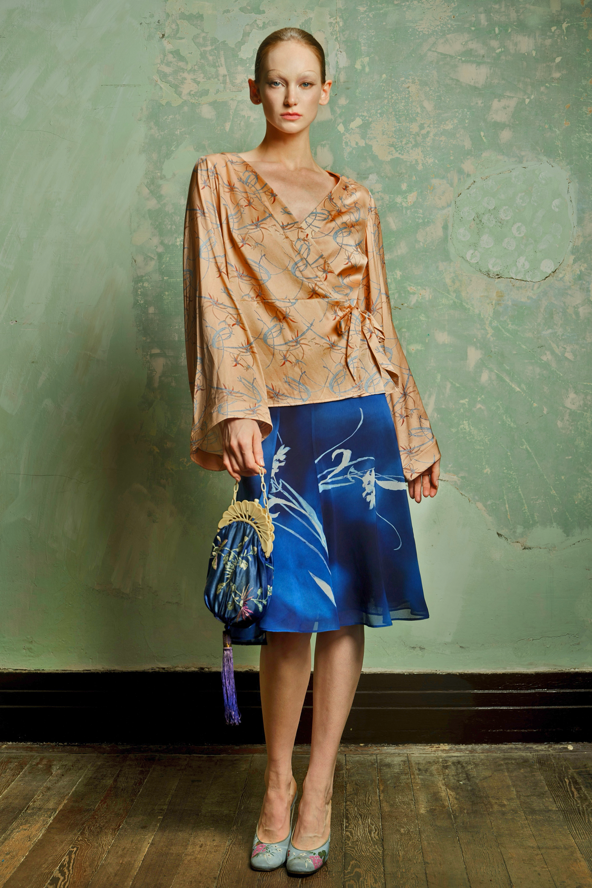 Peach Floral Silk Wrap Top