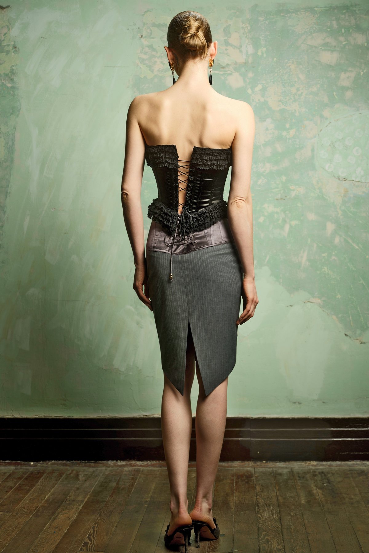 Grey Wool Corset Waist Pencil Skirt