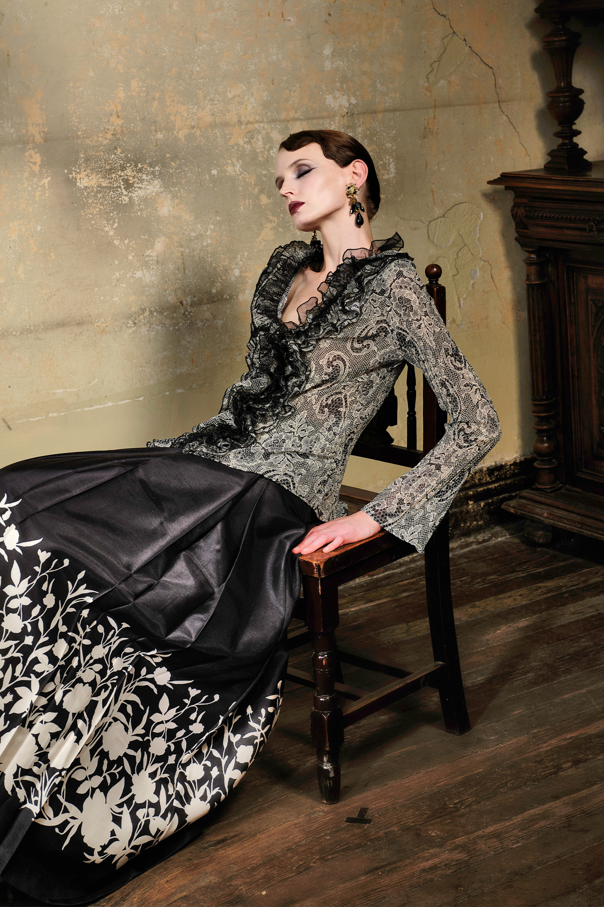 Black Lace Ruffle Blouse