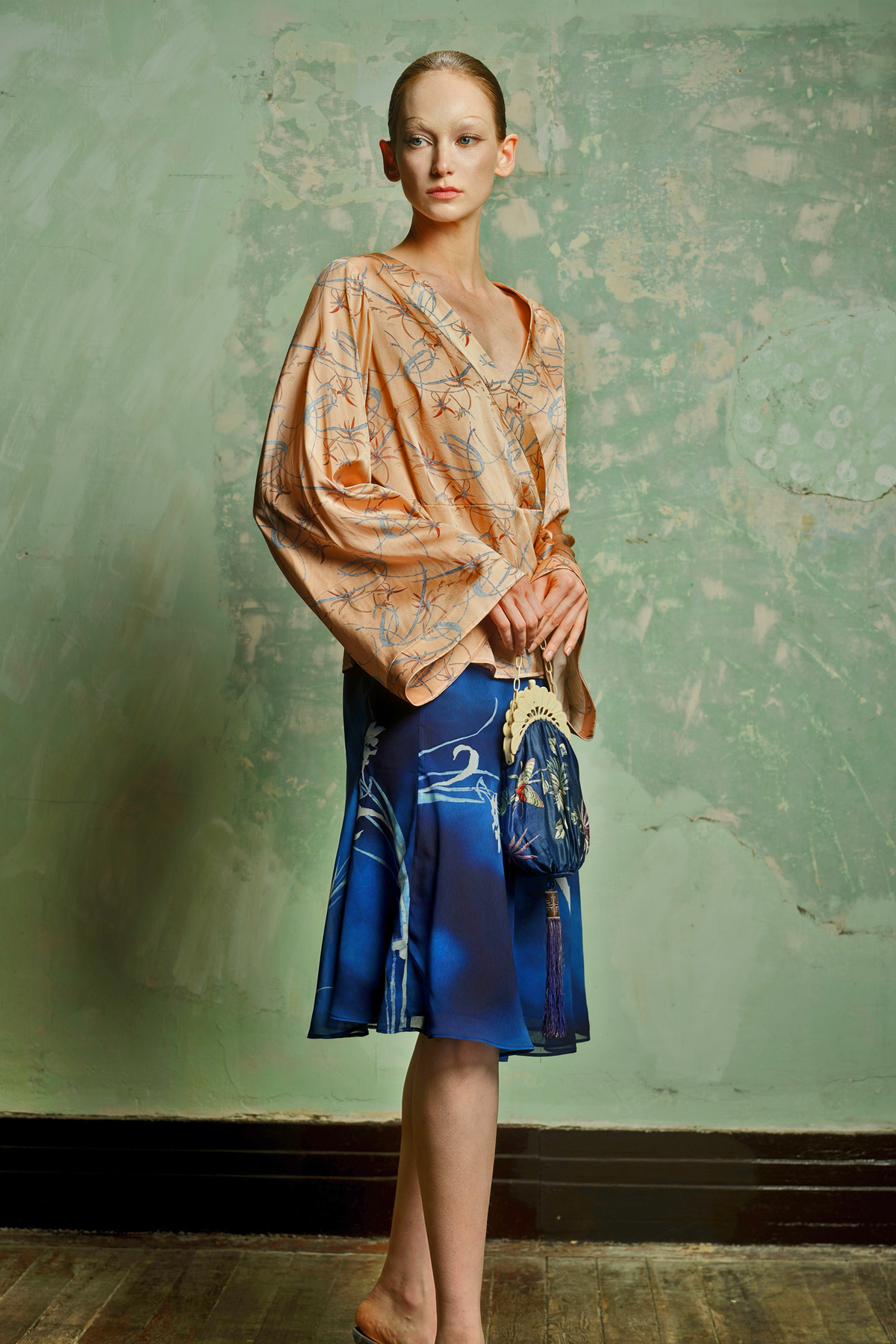 Cobalt Blue Floral Bias-Cut Skirt