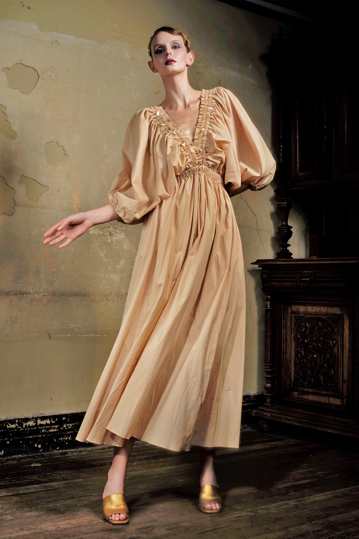 Almond Puff Sleeve Cotton Maxi Dress