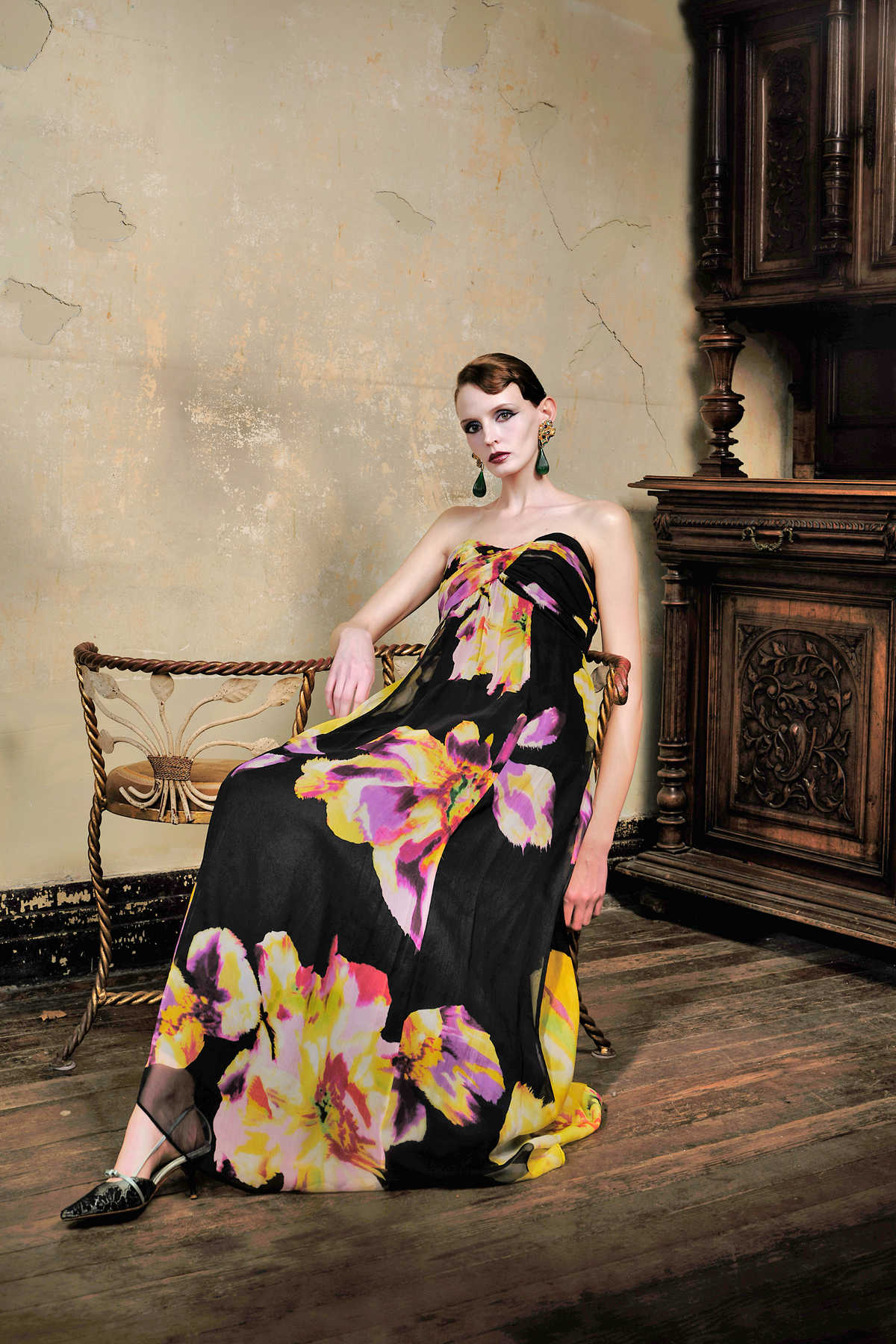 Black Orchid Print Silk Strapless Maxi Dress