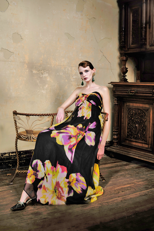 Black Orchid Print Silk Strapless Maxi Dress