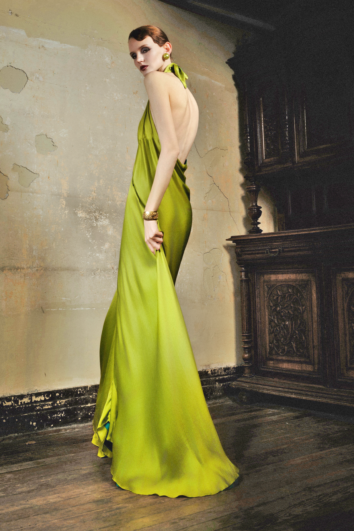 Moss Green Pleated Silk Bias-Cut Dress
