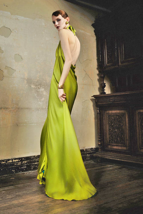 Moss Green Pleated Silk Bias-Cut Dress