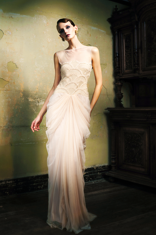 Blush Embroidered Illusion Neckline Gown