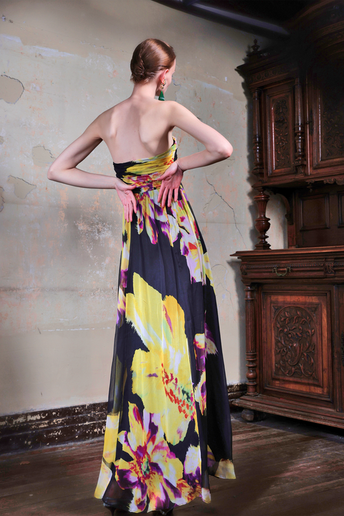 Black Orchid Print Silk Strapless Maxi Dress
