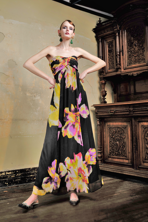 Black Orchid Print Silk Strapless Maxi Dress