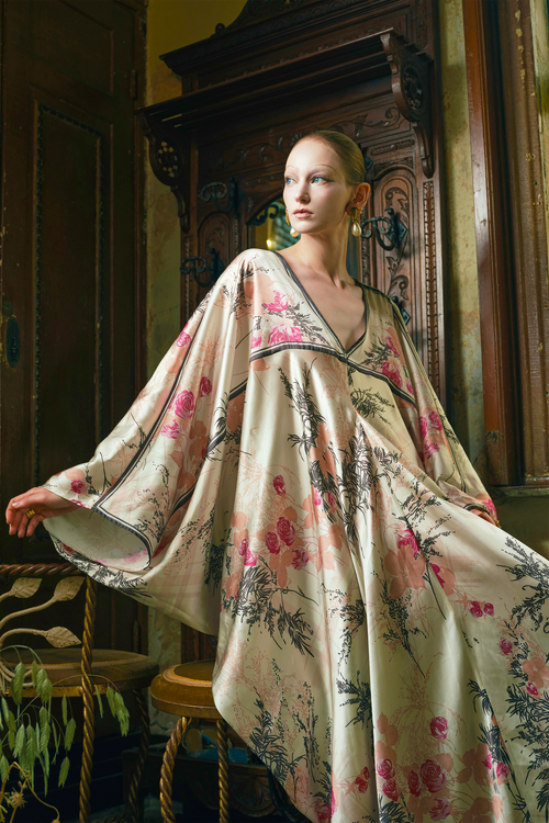 Rose Print Satin Kaftan Dress