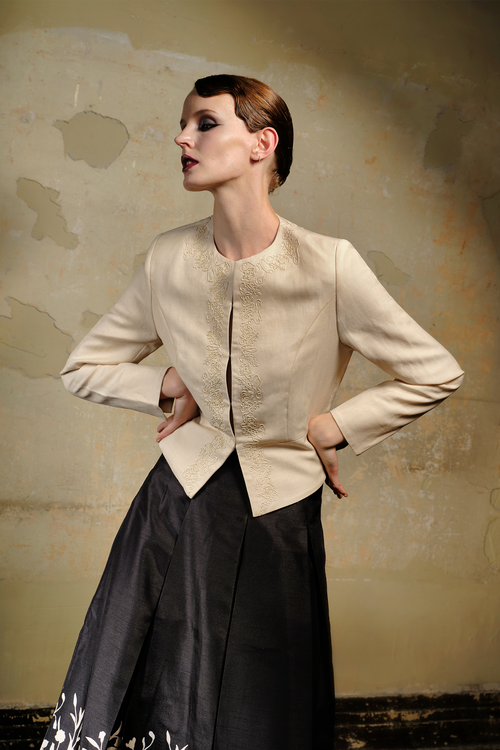 Ivory Embroidered Wool Linen Blazer