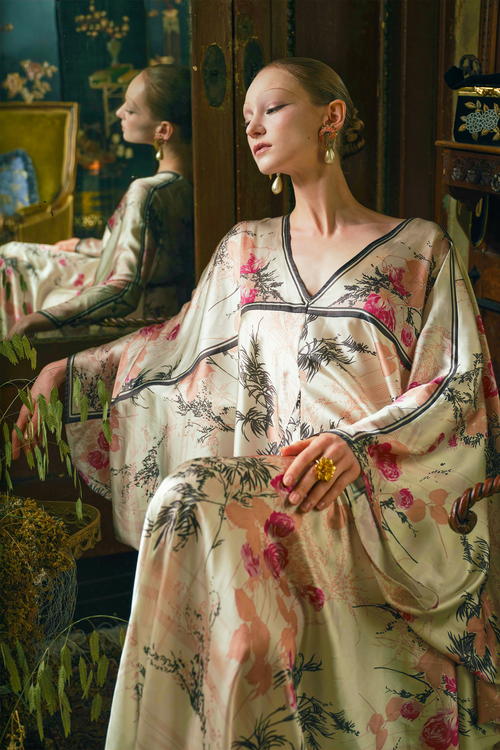 Rose Print Satin Kaftan Dress