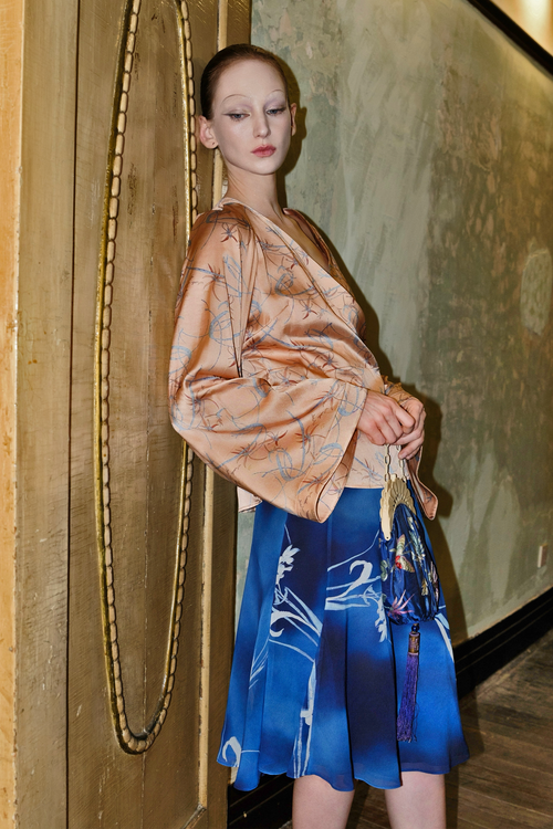 Peach Floral Silk Wrap Top