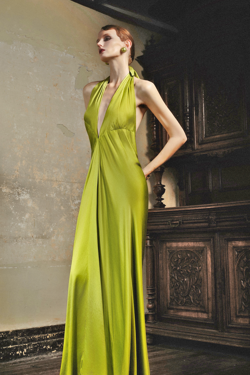 Moss Green Pleated Silk Bias-Cut Dress