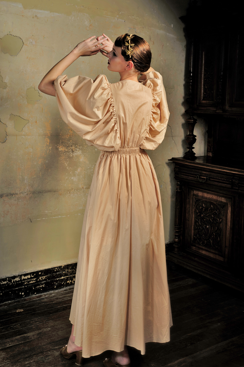 Almond Puff Sleeve Cotton Maxi Dress