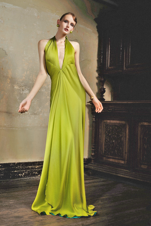 Moss Green Pleated Silk Bias-Cut Dress