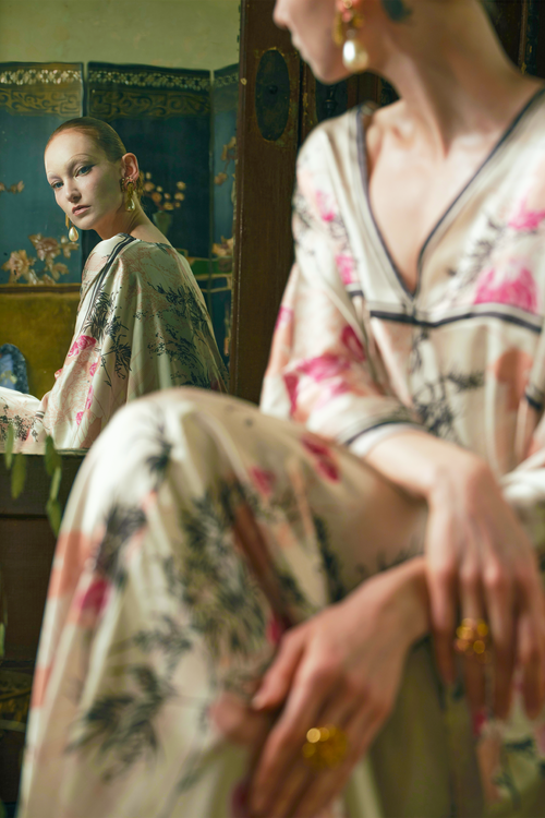 Rose Print Satin Kaftan Dress