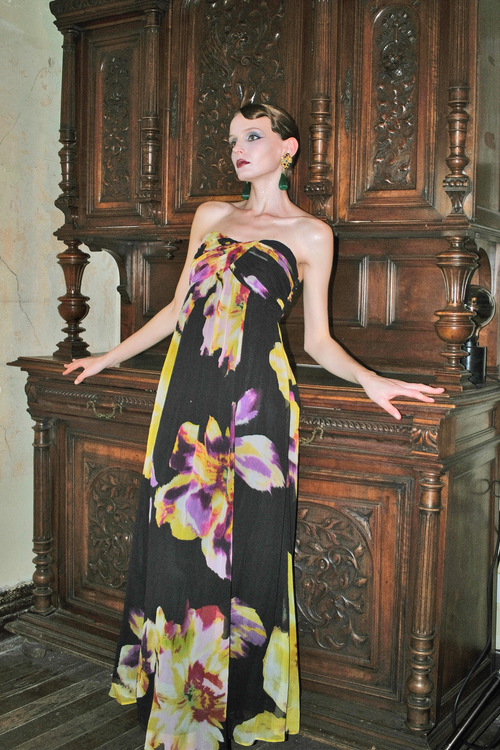 Black Orchid Print Silk Strapless Maxi Dress
