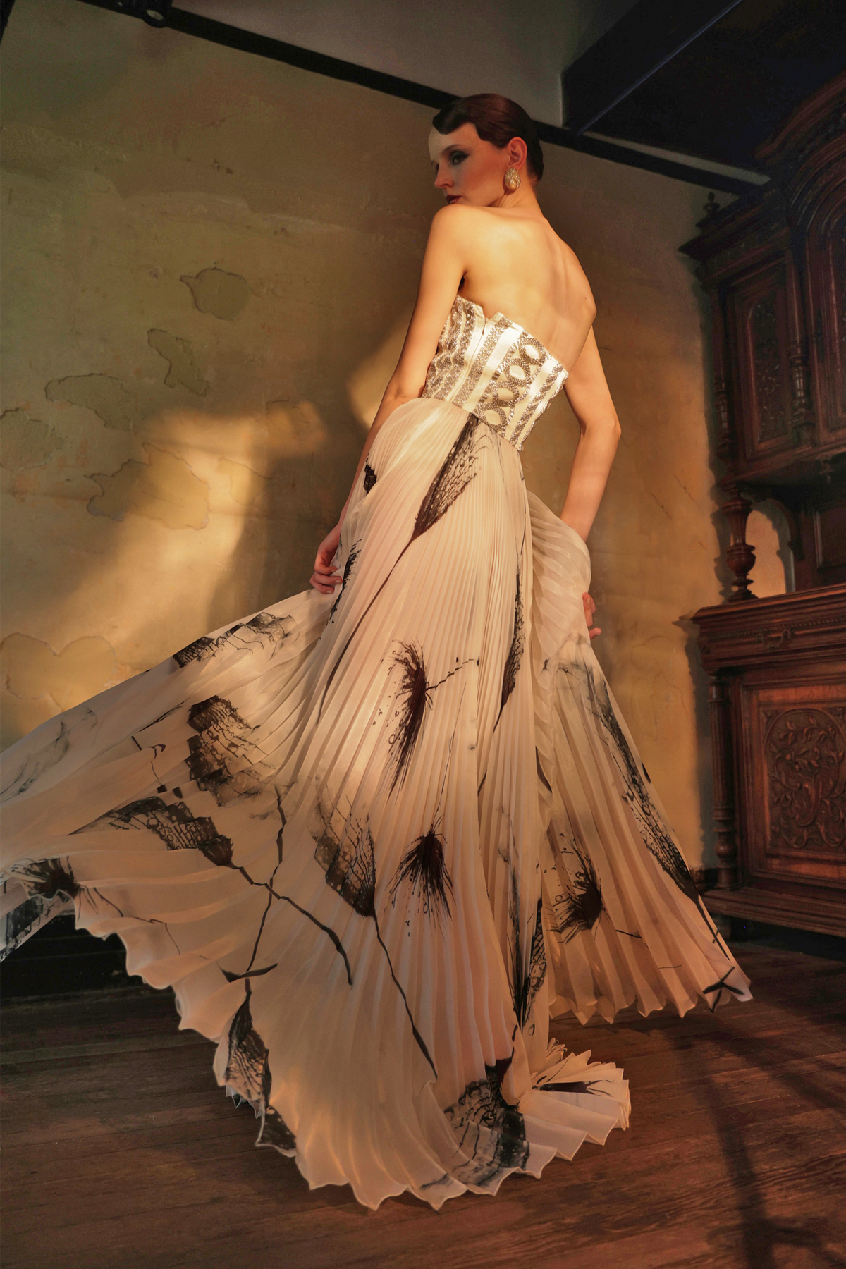 Ink Print Pleated Strapless Gown