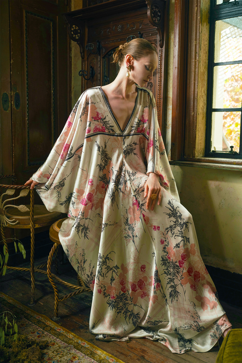 Rose Print Satin Kaftan Dress