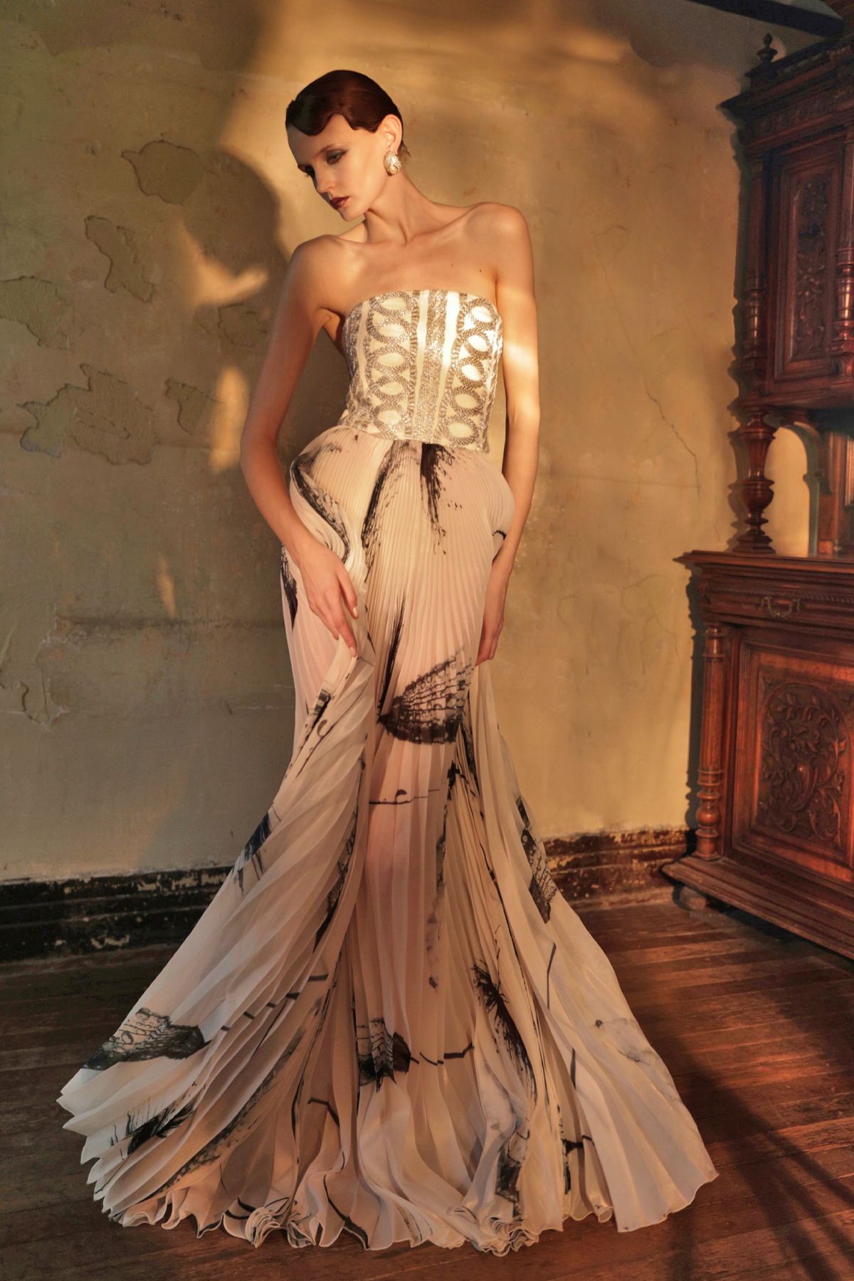 Ink Print Pleated Strapless Gown