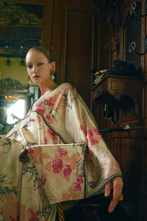 Rose Print Satin Kaftan Dress
