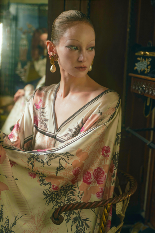 Rose Print Satin Kaftan Dress