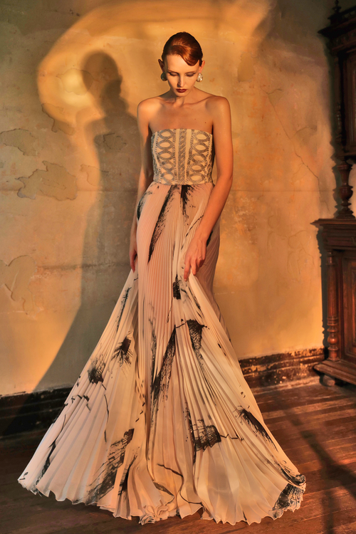 Ink Print Pleated Strapless Gown